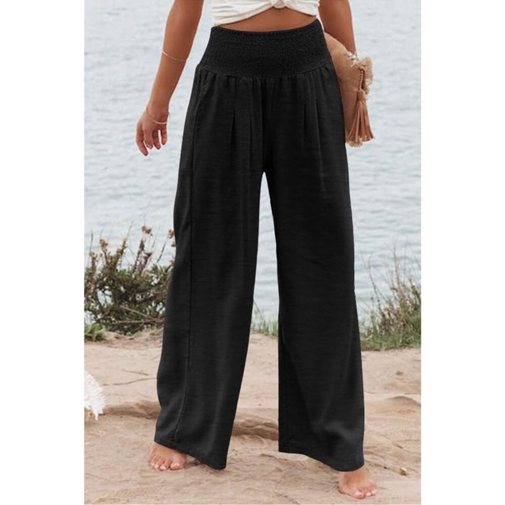 Smocked Waist Wide-Leg Pants - Black